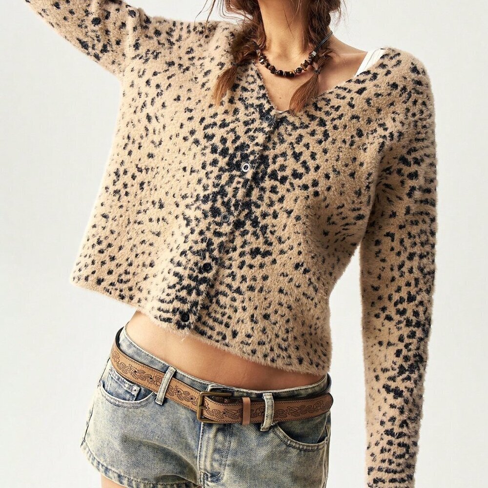 Brown Casual Women's Leopard Print V-Neck Cardigan Sweater - Picture 6 of 8